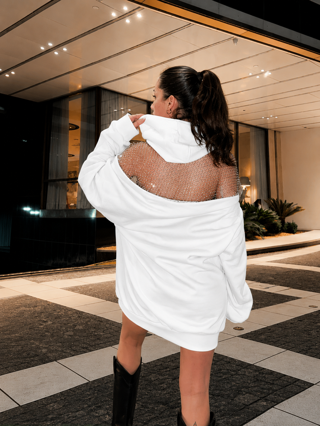 Urban Luxe Rhinestone Mesh Back Oversized Hoodie